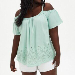 NEW Torrid Challis Eyelet Border Cold Shoulder Top Green Women's Plus Size 1X